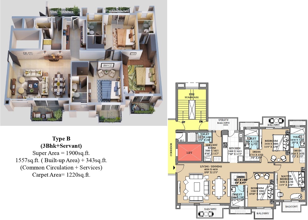  3 bhk 1900 sqft