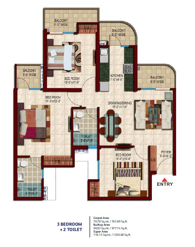   3bhk 1250 Sq.ft