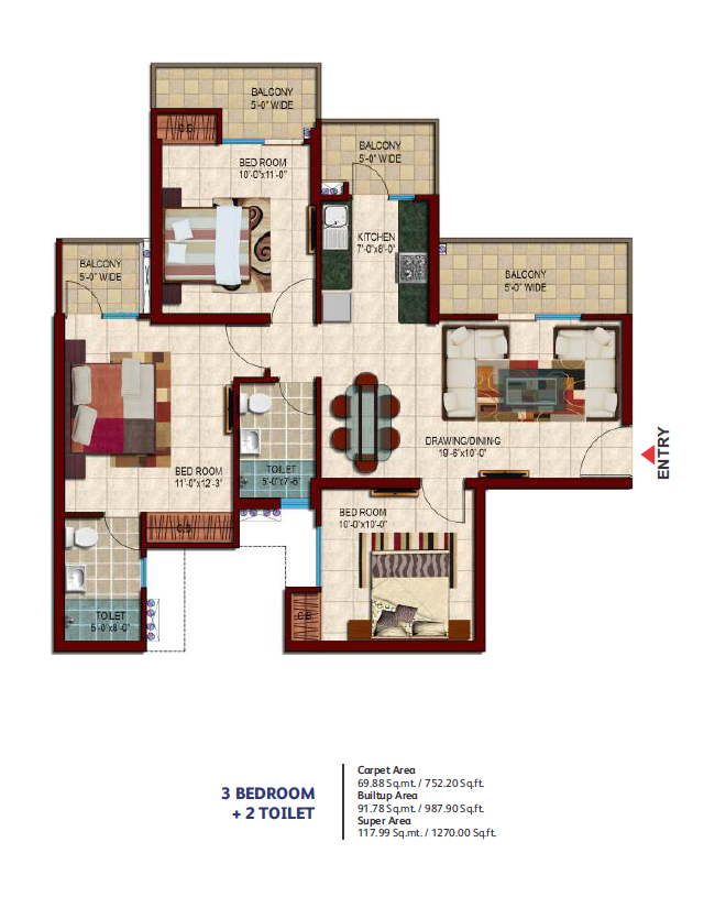 3bhk 1270 Sq.ft